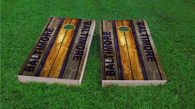 Woodslat Worn Baltimore Football Themed Custom Cornhole Board Design