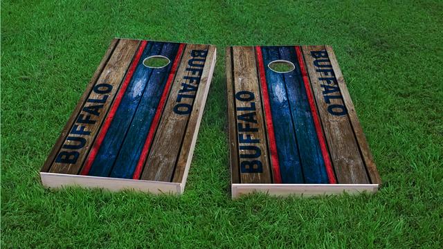 Woodslat Worn Buffalo Football Themed Custom Cornhole Board Design