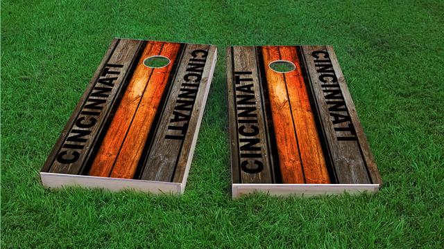 Woodslat Worn Cincinnati Football Themed Custom Cornhole Board Design