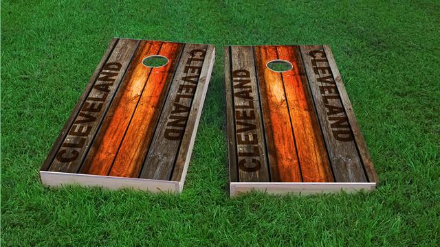 Woodslat Worn Cleveland Football Themed Custom Cornhole Board Design