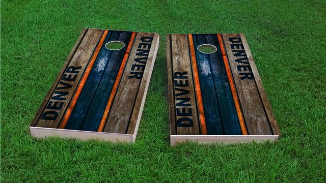 Woodslat Worn Denver Football Themed Custom Cornhole Board Design