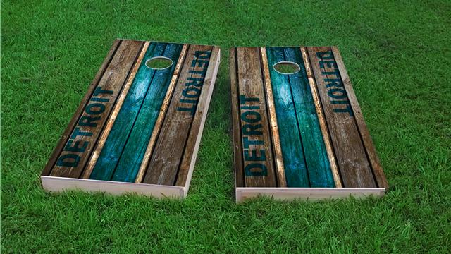 Woodslat Worn Detroit Football Themed Custom Cornhole Board Design