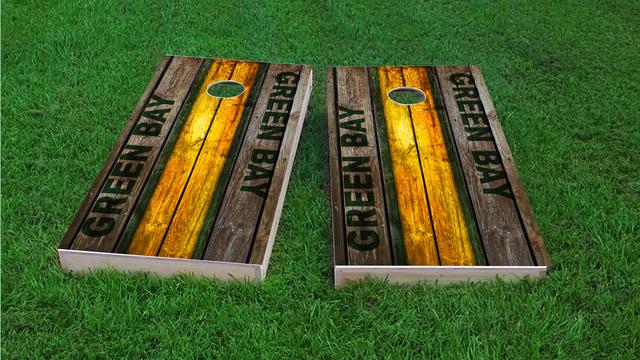 Woodslat Worn Green Bay Football Themed Custom Cornhole Board Design