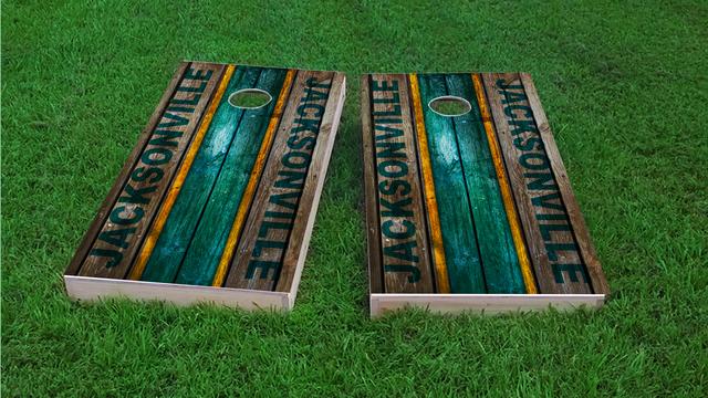 Woodslat Worn Jacksonville Football Themed Custom Cornhole Board Design