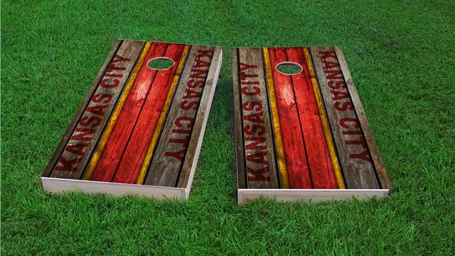 Woodslat Worn Kansas City Football Themed Custom Cornhole Board Design