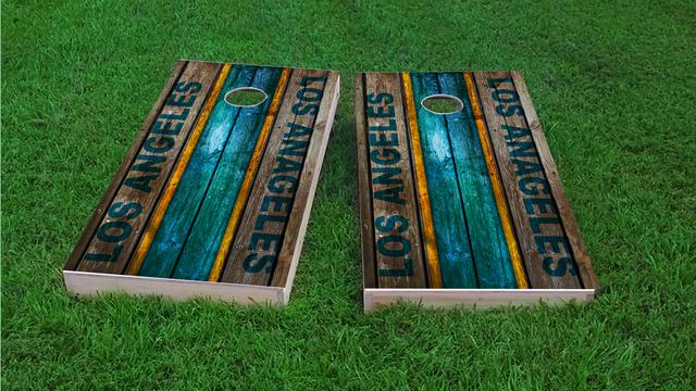 Woodslat Worn Los Angeles 1 Football Themed Custom Cornhole Board Design