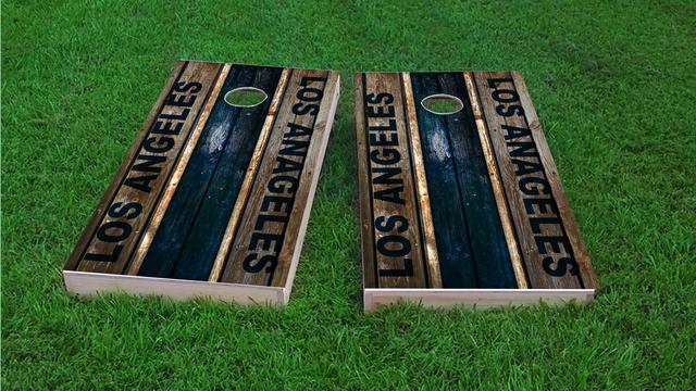 Woodslat Worn Los Angeles 2 Football Themed Custom Cornhole Board Design