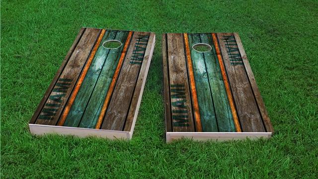 Woodslat Worn Miami Football Themed Custom Cornhole Board Design