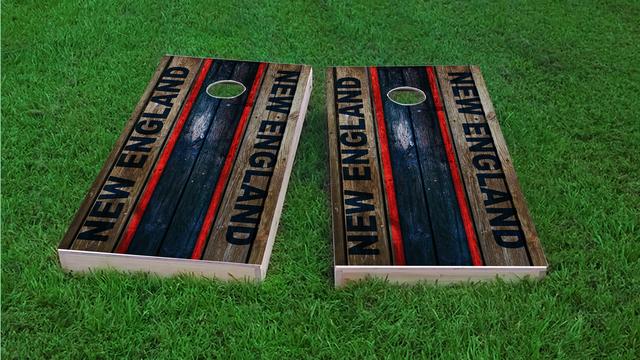 Woodslat Worn New England Football Themed Custom Cornhole Board Design