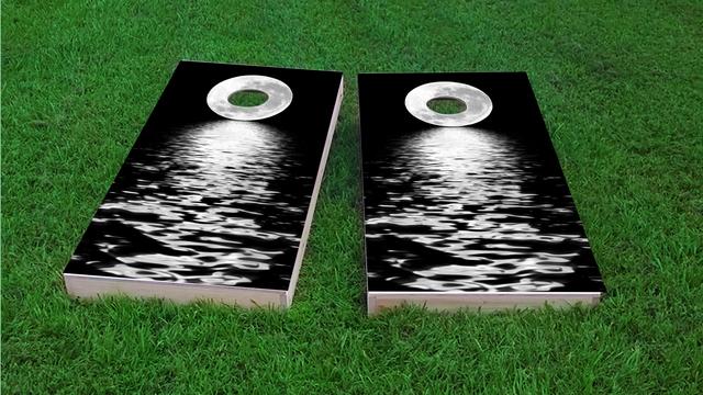 Full Moon Over The Water Themed Custom Cornhole Board Design