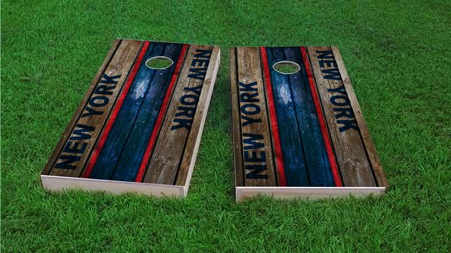 Woodslat Worn New York 1 Football Themed Custom Cornhole Board Design