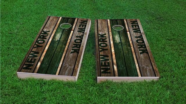 Woodslat Worn New York 2 Football Themed Custom Cornhole Board Design