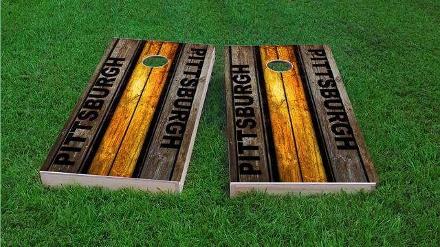 Woodslat Worn Pittsburgh Football Themed Custom Cornhole Board Design