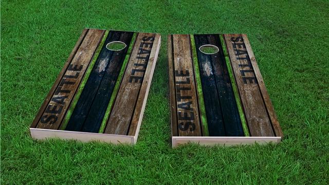 Woodslat Worn Seattle Football Themed Custom Cornhole Board Design