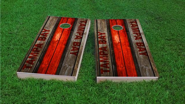 Woodslat Worn Tampa Bay Football Themed Custom Cornhole Board Design