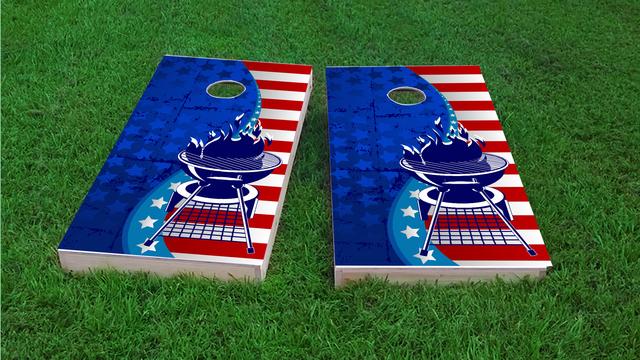 Red White and BBQ Themed Custom Cornhole Board Design