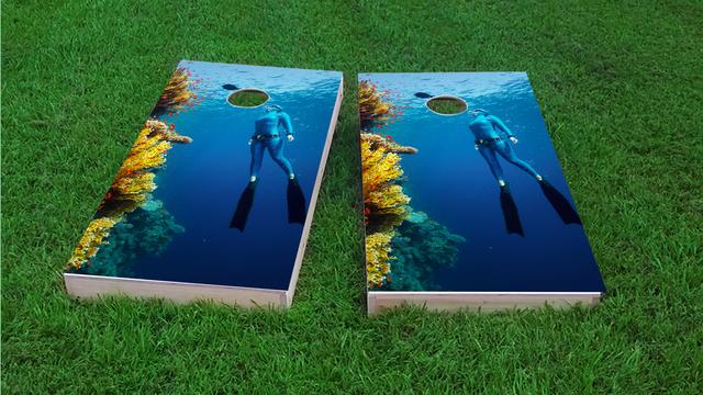 Girl Scuba Diving by Reef Themed Custom Cornhole Board Design