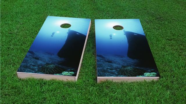 Scuba Diving a Shipwreck Themed Custom Cornhole Board Design