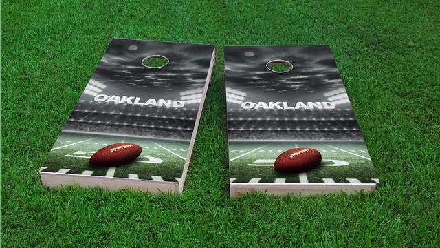 Oakland Football Themed Custom Cornhole Board Design