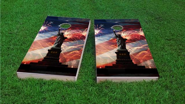 American Flag, Fireworks & Lady Liberty Themed Custom Cornhole Board Design