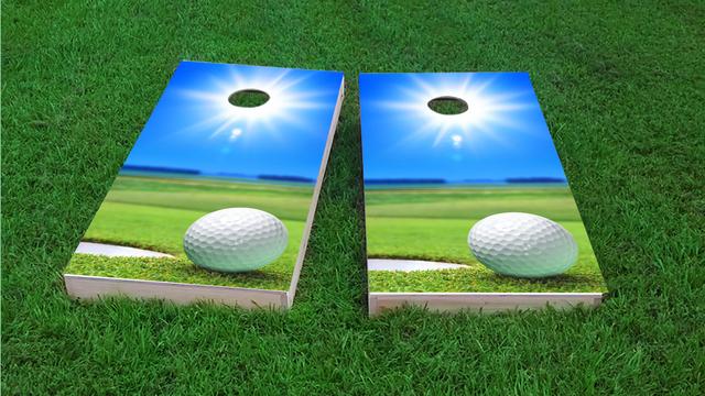 Golfing on a Sunny Day Themed Custom Cornhole Board Design