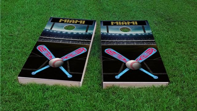 Miami Baseball Themed Custom Cornhole Board Design