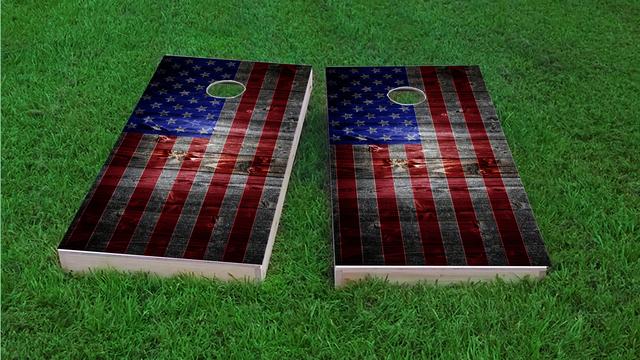 American Flag Dark Wood Themed Custom Cornhole Board Design