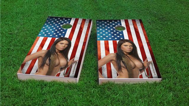 American Flag Girl Bullets Themed Custom Cornhole Board Design