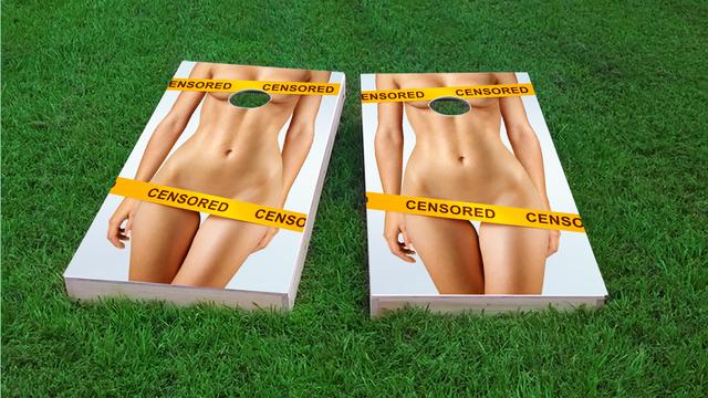 Censored Nude Woman Themed Custom Cornhole Board Design