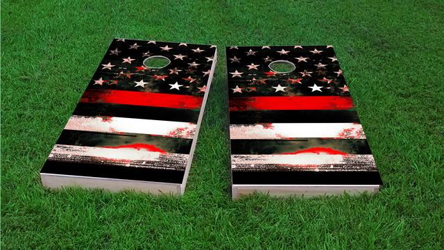  Red Line Firefighter Glitch Themed Custom Cornhole Board Design