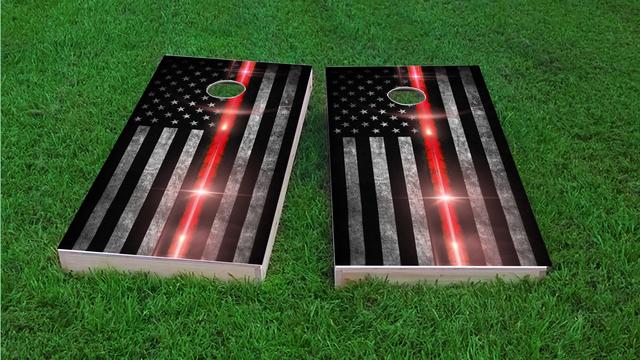 Red Line Firefighter Glow Themed Custom Cornhole Board Design