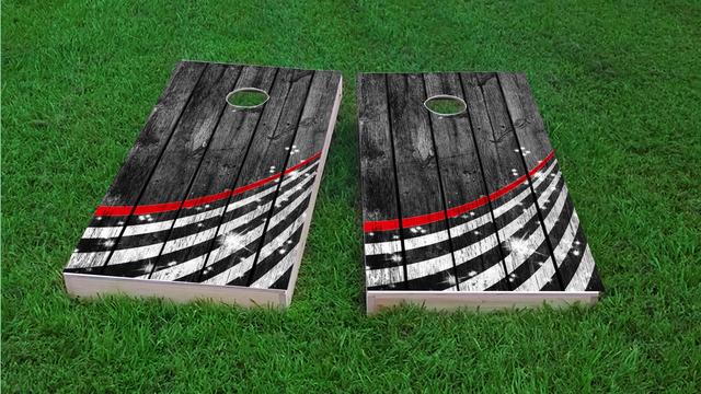 Red Line Firefighter Wood Themed Custom Cornhole Board Design