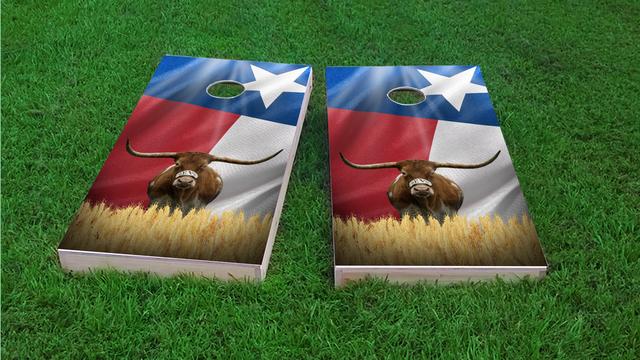Texas Longhorn with Flag Themed Custom Cornhole Board Design