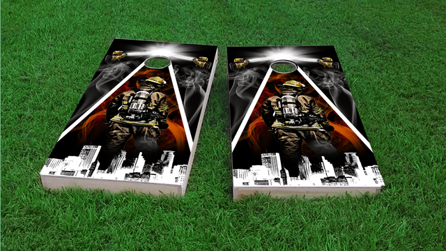 Firefighter City Scape Themed Custom Cornhole Board Design