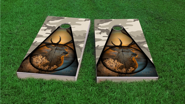 Camo Deer Hunter Themed Custom Cornhole Board Design