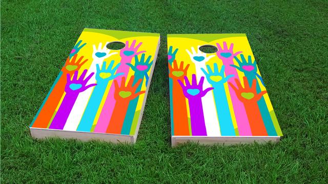 Gay Pride Hands of Love Themed Custom Cornhole Board Design