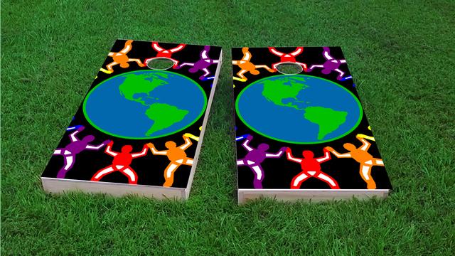 Gay Pride Rainbow People Around the Earth Themed Custom Cornhole Board Design