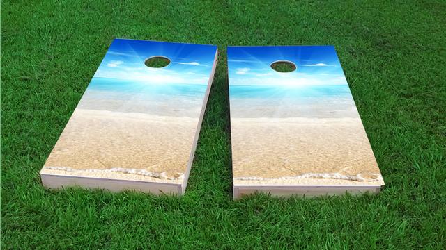 Sunny Day at the Beach Themed Custom Cornhole Board Design