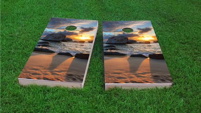 Sunset on the Beach Themed Custom Cornhole Board Design