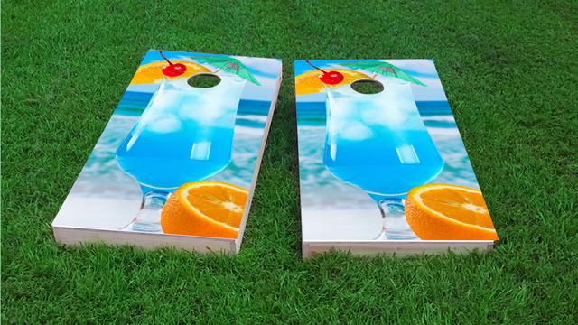 Blue Drink on the Beach Themed Custom Cornhole Board Design