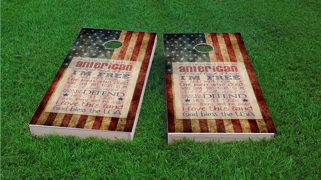 Proud to be an American Themed Custom Cornhole Board Design