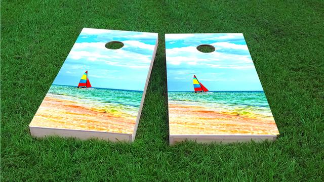 Boat Beach Themed Custom Cornhole Board Design