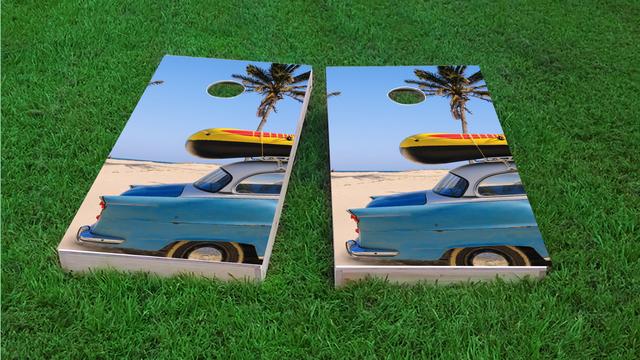 Beach Car Themed Custom Cornhole Board Design
