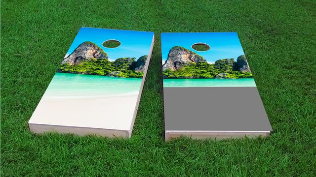 Mountain Beach Themed Custom Cornhole Board Design