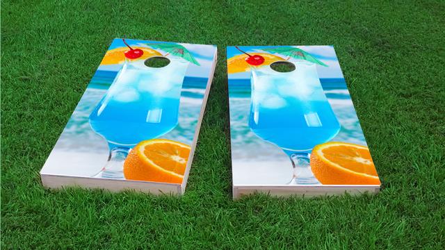 Blue Drink Themed Custom Cornhole Board Design