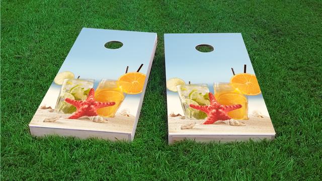 Drinks on Beach Themed Custom Cornhole Board Design