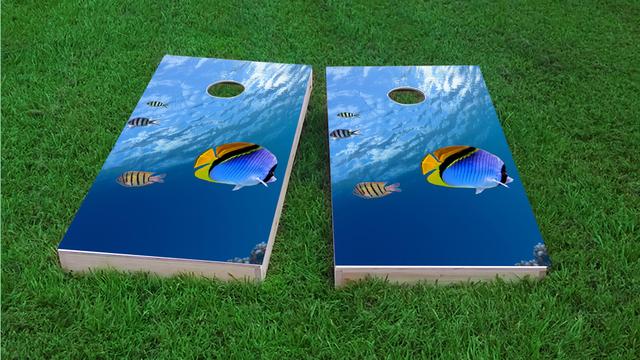 Blue Fish Themed Custom Cornhole Board Design