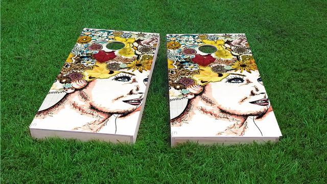 Lady with Flowers in Hair Themed Custom Cornhole Board Design