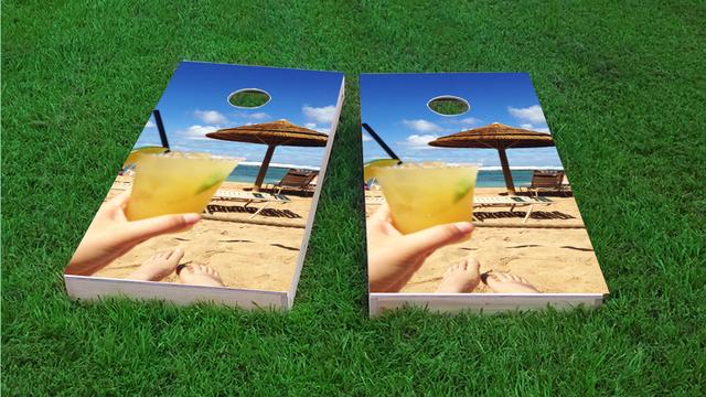 Magaritas on Beach Themed Custom Cornhole Board Design