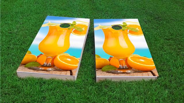 Orange Drink Themed Custom Cornhole Board Design